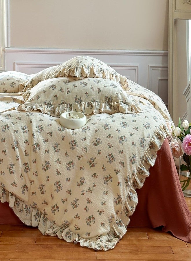 VM VOUGEMARKET طقم غطاء لحاف من القطن الموسلين 100% من VM VOUGEMARKET، مقاس توين للفتيات المراهقات، غطاء لحاف/بطانية بنقشة زهور عتيقة مع كشكشة رومانسية، ناعم، يسمح بمرور الهواء وخفيف الوزن - Image 5