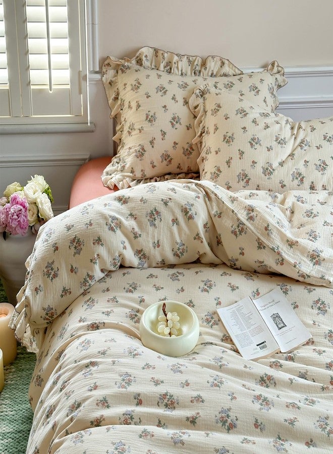 VM VOUGEMARKET طقم غطاء لحاف من القطن الموسلين 100% من VM VOUGEMARKET، مقاس توين للفتيات المراهقات، غطاء لحاف/بطانية بنقشة زهور عتيقة مع كشكشة رومانسية، ناعم، يسمح بمرور الهواء وخفيف الوزن - Image 3