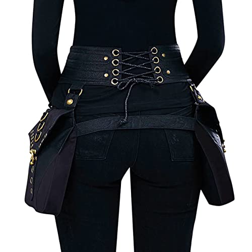 Valentoria Waist Bag Belt Purse Fanny Pack Crossbody Motorcycle Hiking Phone Holder Wallet Vintage Leather Casual Fashion Daypack Gothic Festival Costume Hip Pouch for Women Men (Com) - Image 3