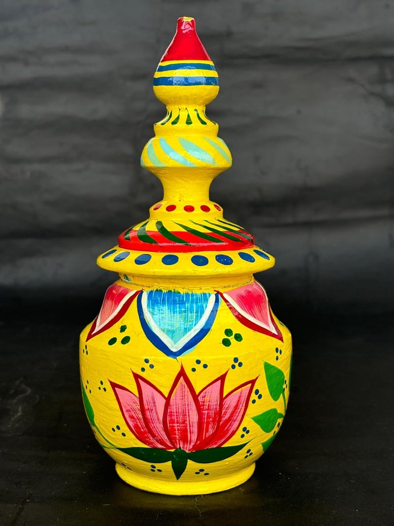 Salvus App SOLUTIONS Salvus APP SOLUTIONS Wooden Lotus designed Sindoor DibbiSindoor Box Handmade Traditional Sindoor Storage Container Yellow Color_3x7 Inch  - Image 1
