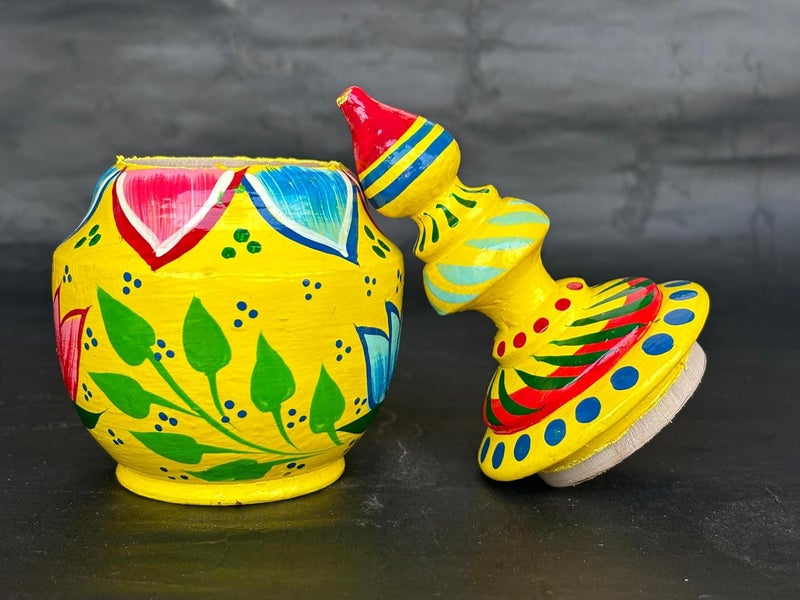 Salvus App SOLUTIONS Salvus APP SOLUTIONS Wooden Lotus designed Sindoor DibbiSindoor Box Handmade Traditional Sindoor Storage Container Yellow Color_3x7 Inch  - Image 3