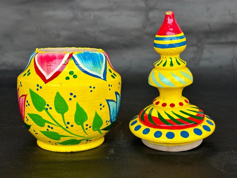 Salvus App SOLUTIONS Salvus APP SOLUTIONS Wooden Lotus designed Sindoor DibbiSindoor Box Handmade Traditional Sindoor Storage Container Yellow Color_3x7 Inch  - Image 5