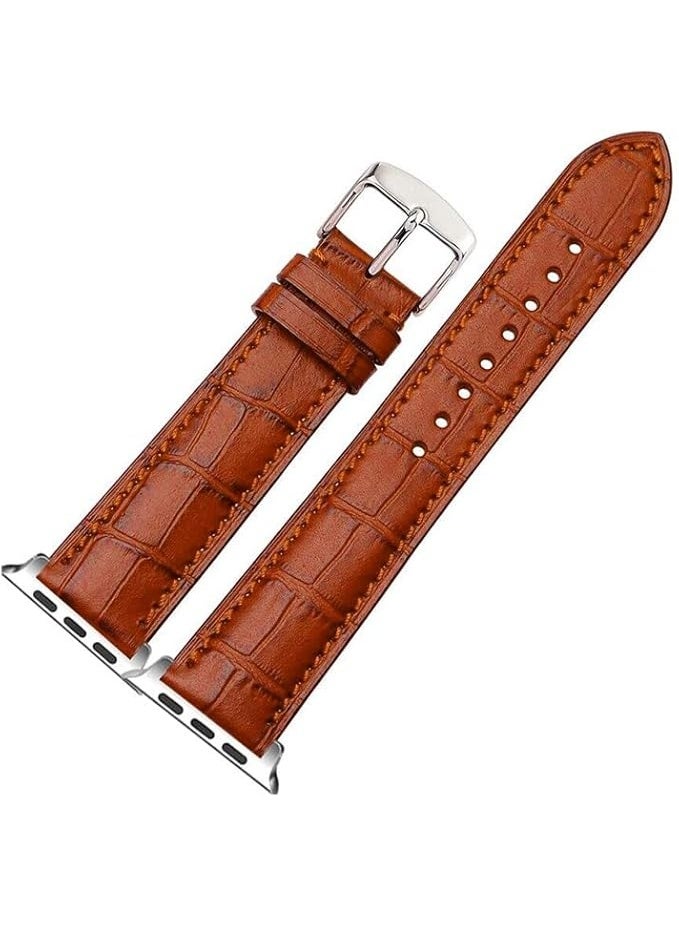 Leather Band Compatible with Apple Watch Ultra/Ultra 2 49mm 45mm 44mm 42mm for Men Women, Leather Replacement Wristband Strap for Apple Watch Ultra Series 9 8 7 6 5 4 3 2 1 SE - Brown - Image 1