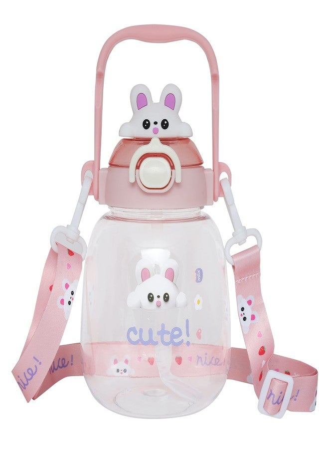 CherryBox Cute BPA Free Large Capacity Plastic Cool Water Bottle with Pop-up Lip and Shoulder Strap with DIY Stickers (Pink) - Image 1