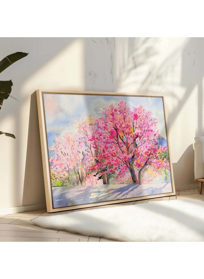 هوم جاليري صورة تجريدية مؤطرة لشجرة الكرز البرية من جبال الهيمالايا في الصباح. - Image 1