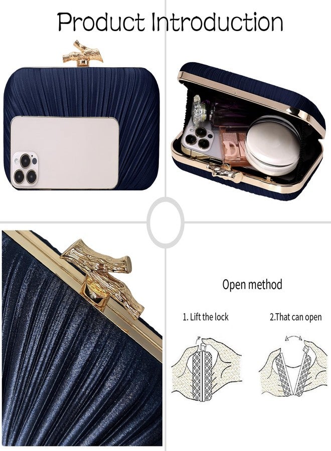 MR. MR Clutch Purses for Women Evening Bag Satin Pleated Evening Bags for Women Formal Wedding Party Cocktail Purse, Navy Blue - Image 4