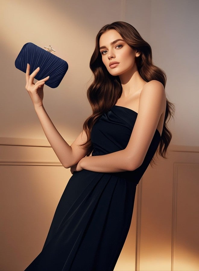 MR. MR Clutch Purses for Women Evening Bag Satin Pleated Evening Bags for Women Formal Wedding Party Cocktail Purse, Navy Blue - Image 2