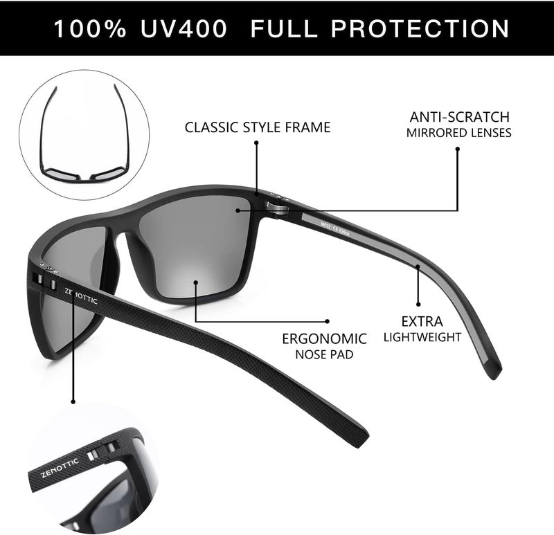 نظارات شمسية مستقطبة من ZENOTTIC للرجال، إطار خفيف الوزن من TR90، حماية UV400، نظارات شمسية مربعة - Image 5