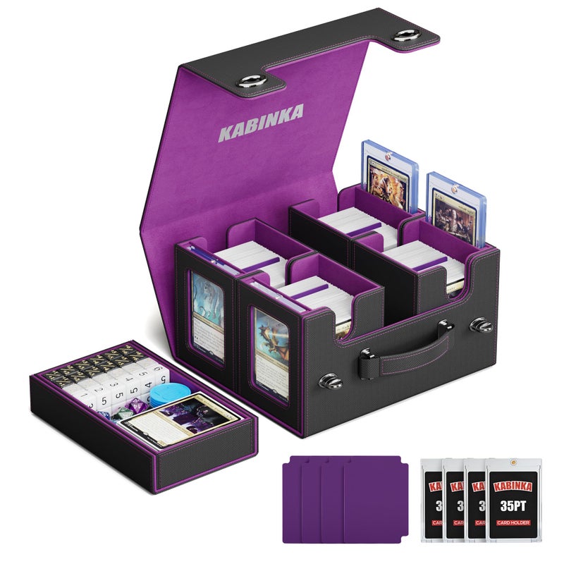 Kabinka Commander Deck Box for MTG with Handle, Multi Deck Case with Large Dice Tray Fits 400+ Double-Sleeved Cards, 5 IN 1 TCG Card Storage Box with Commander Display, 35PT Card Holder (Black Purple) - Image 1