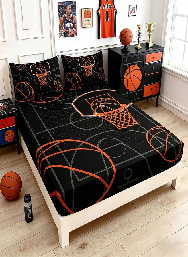 UEVBF Basketball Court Print Twin Fitted Sheets Set for Boys,Ball Sports Games Bedding Set for Teens Kids Bedroom Decor,Orange Basketball Fitted Sheets Twin Size,1 Fitted Sheet+2 Pillowcases. - Image 3