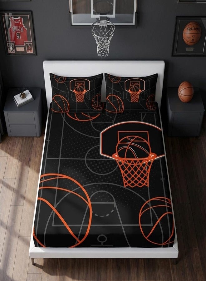 UEVBF Basketball Court Print Twin Fitted Sheets Set for Boys,Ball Sports Games Bedding Set for Teens Kids Bedroom Decor,Orange Basketball Fitted Sheets Twin Size,1 Fitted Sheet+2 Pillowcases. - Image 1