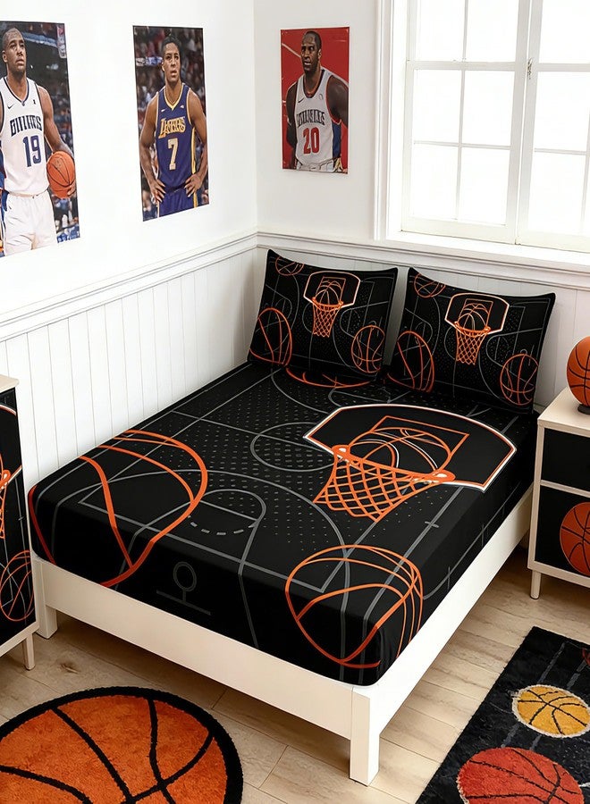 UEVBF Basketball Court Print Twin Fitted Sheets Set for Boys,Ball Sports Games Bedding Set for Teens Kids Bedroom Decor,Orange Basketball Fitted Sheets Twin Size,1 Fitted Sheet+2 Pillowcases. - Image 2
