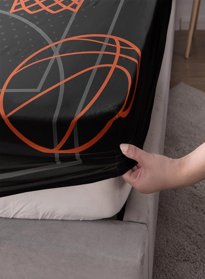 UEVBF Basketball Court Print Twin Fitted Sheets Set for Boys,Ball Sports Games Bedding Set for Teens Kids Bedroom Decor,Orange Basketball Fitted Sheets Twin Size,1 Fitted Sheet+2 Pillowcases. - Image 5