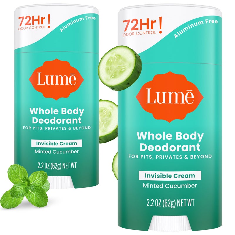 Lume Whole Body Deodorant - Invisible Cream Stick - 72 Hour Odor Control - Aluminum Free, Baking Soda Free, Skin Safe - 2.2 Ounce (Pack of 2) (Minted Cucumber) - Image 1