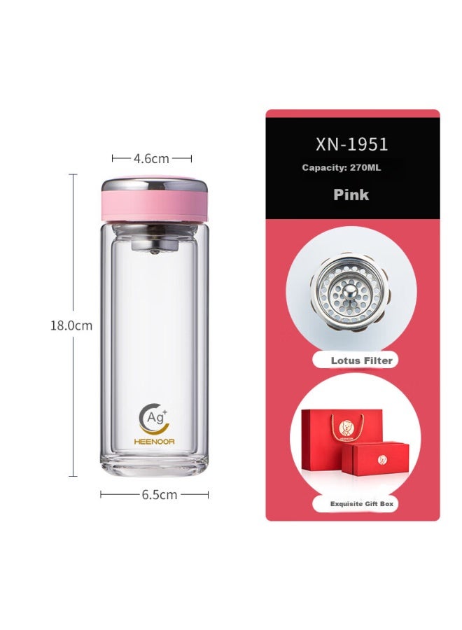 Heenoor Antibacterial Glass Cup, Double-layer Transparent Water Cup, High-value Filter Tea Cup For Women, Xn-1951 Pink, 270ml - Image 1