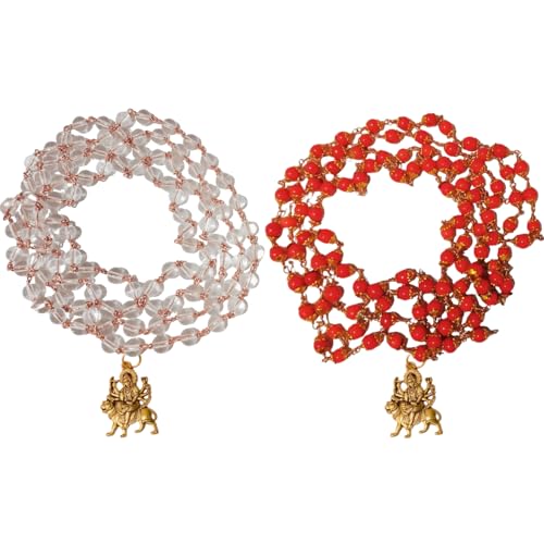 SRI YAGNAA - Bhavani Deeksha Mala Set - Spatika and Red Beads Mala with Durga Devi Pendant - 108 Beads (Spatika with Bhavani Mala) - Image 1