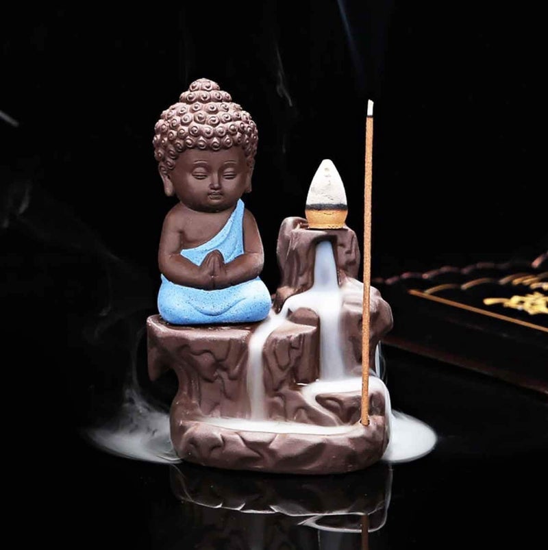 HC VILLA Ceramic Monk Buddha Smoke Backflow Cone Holder with 10 Free Cone Incense for Meditation Yoga Gift Showpice Figurine Garden Decoration for Temple Office Desk | Living Room, Home Dcor - Image 1