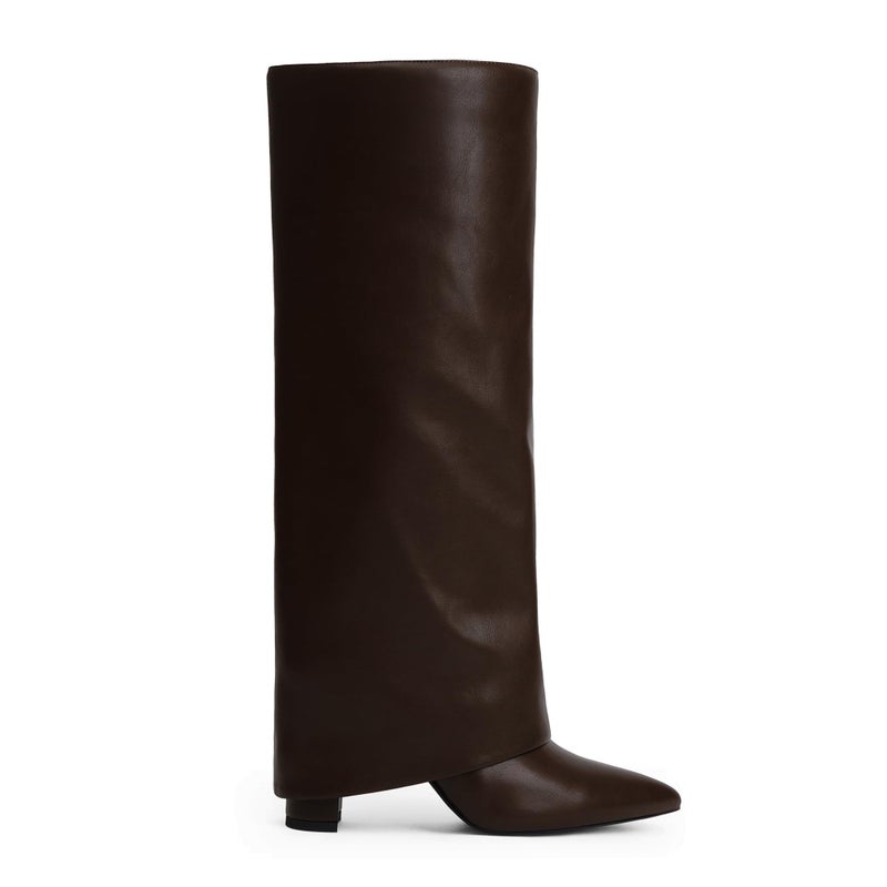 Modatope Brown Knee High Boots for Women Fold Over Boots Chunky Heel Pointed Toe Tall Long Shark Boots Size 8.5 - Image 4