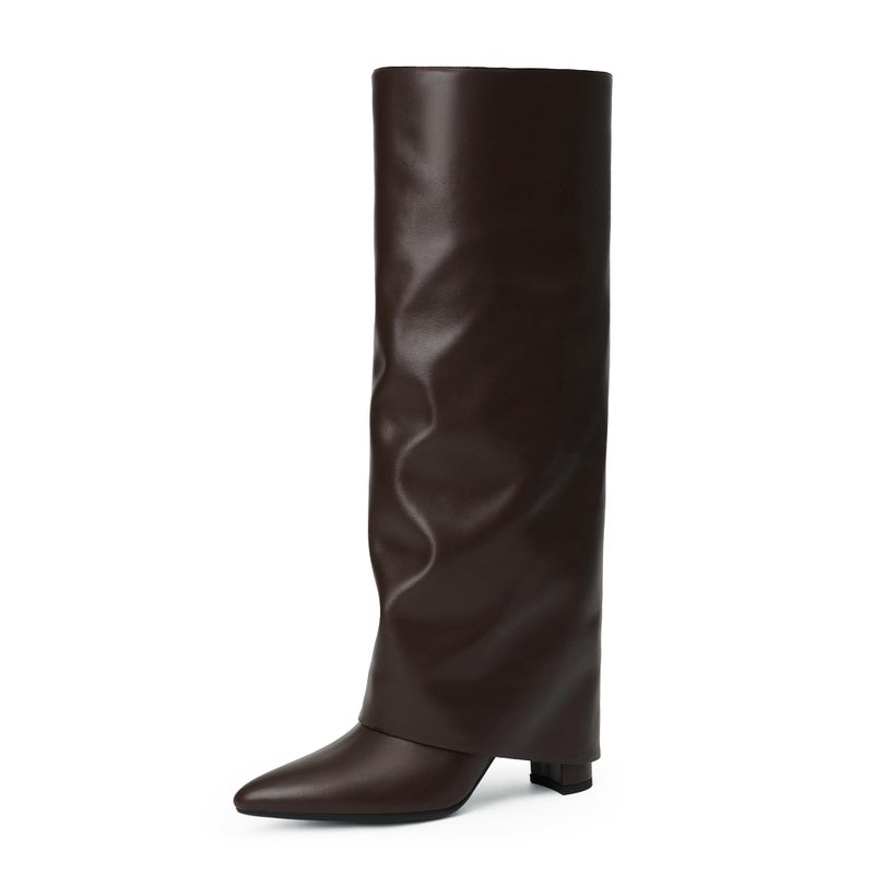 Modatope Brown Knee High Boots for Women Fold Over Boots Chunky Heel Pointed Toe Tall Long Shark Boots Size 8.5 - Image 1