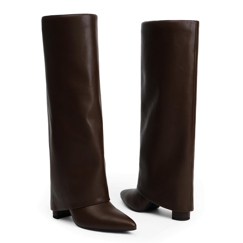 Modatope Brown Knee High Boots for Women Fold Over Boots Chunky Heel Pointed Toe Tall Long Shark Boots Size 8.5 - Image 5