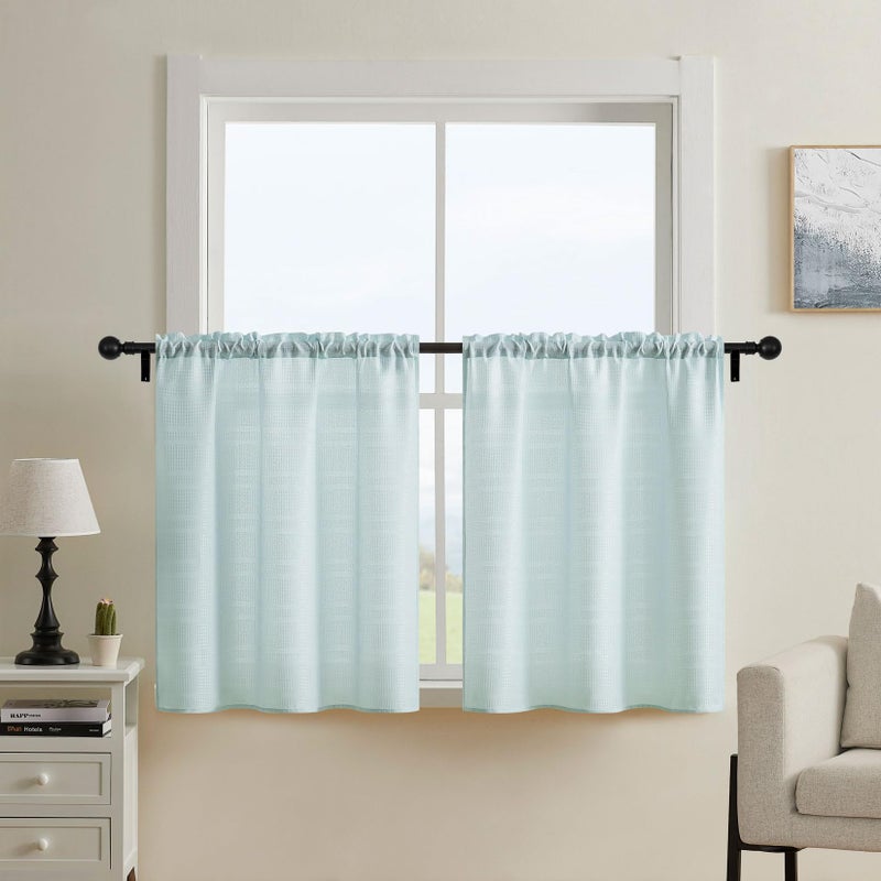 Home Queen Waffle Tier Curtains for Bathroom  Water Repellent Rod Pocket Small Drapes  30 W X 45 L Inch Each  Solid Blue - Image 1