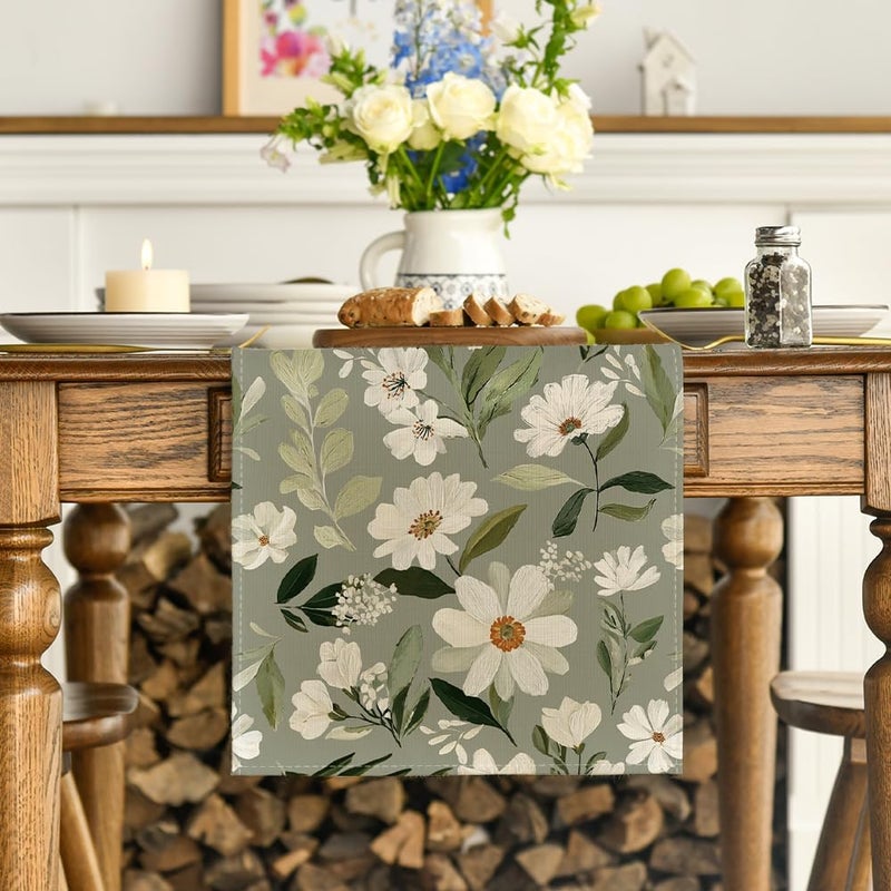 Olive Green Daisy Flowers Table Runner - 13x72 Inch - Image 2