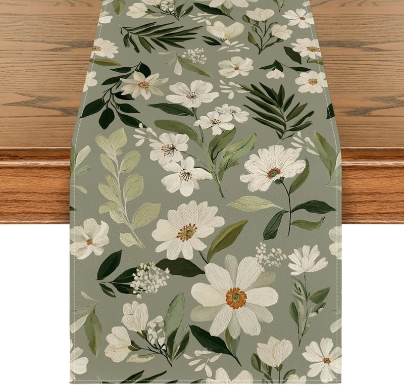 Olive Green Daisy Flowers Table Runner - 13x72 Inch - Image 1