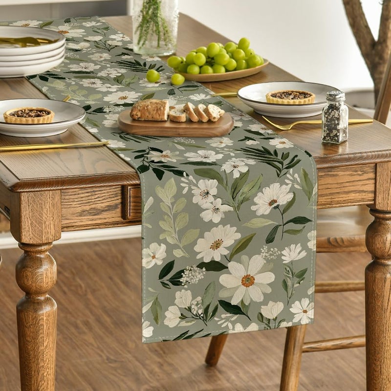 Olive Green Daisy Flowers Table Runner - 13x72 Inch - Image 3