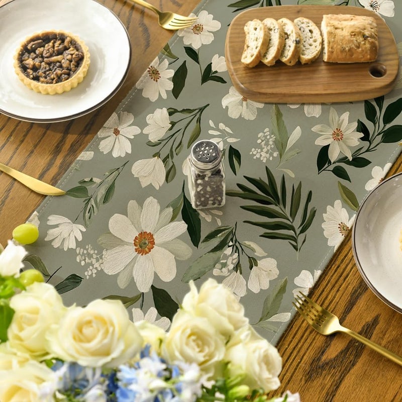 Olive Green Daisy Flowers Table Runner - 13x72 Inch - Image 4