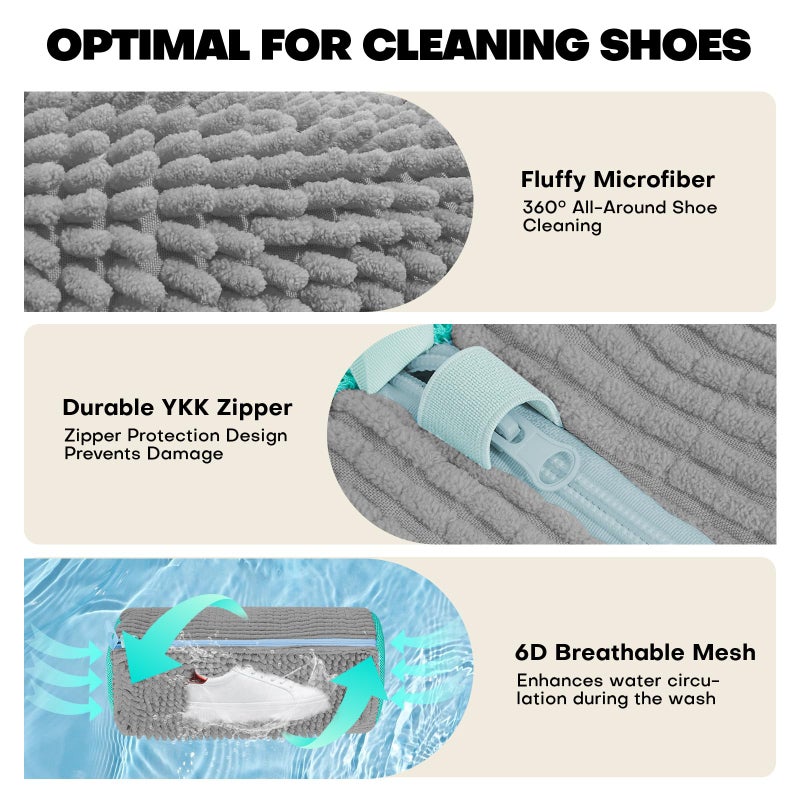 NMQHPA Shoe Washing Machine Bag: Laundry Shoe Bag for Washer and Dryer - 2pc Reusable Shoe Cleaning Bag for Sneaker Tennis Shoes Unstain Cleaner Kit (Gray 2pcs) - Image 3