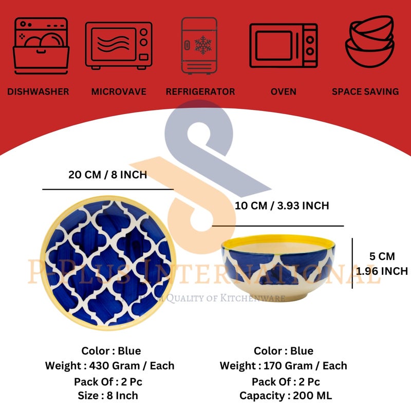 P-Plus International Ceramic Dinnerware Set | Hand Painted Set of 2 Plate (8 Inch) and Set of 2 Bowl (200 Ml 10 Cm) Set | Dishwasher & Microwave Safe | Ideal for Casual Dining, Camping (Blue) - Image 2