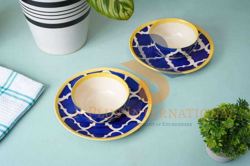P-Plus International Ceramic Dinnerware Set | Hand Painted Set of 2 Plate (8 Inch) and Set of 2 Bowl (200 Ml 10 Cm) Set | Dishwasher & Microwave Safe | Ideal for Casual Dining, Camping (Blue) - Image 4