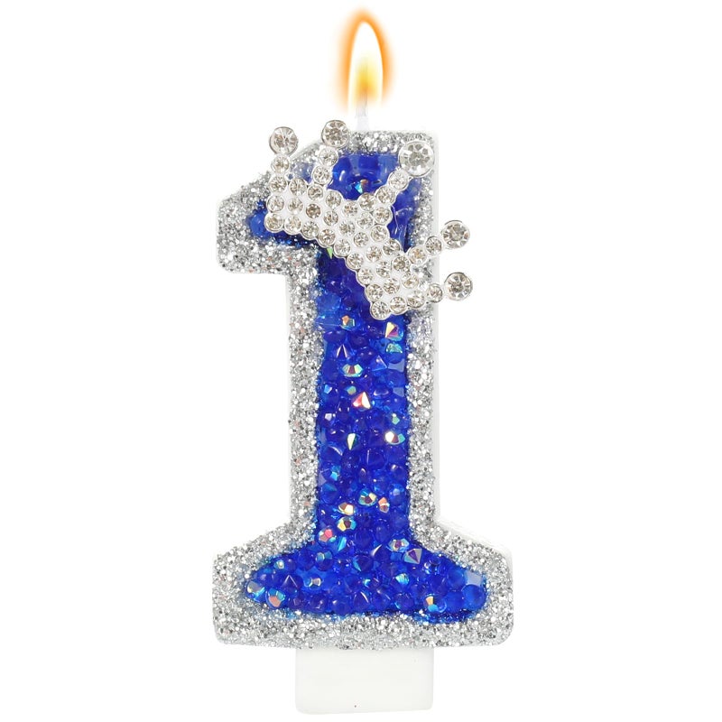 AKURIEEY Blue Birthday Candle Crown Number 1 Candle with Sequins 1st Cake Candles Cupcake Decorations Party Decor for Anniversary Celebrations Supplies - Image 1