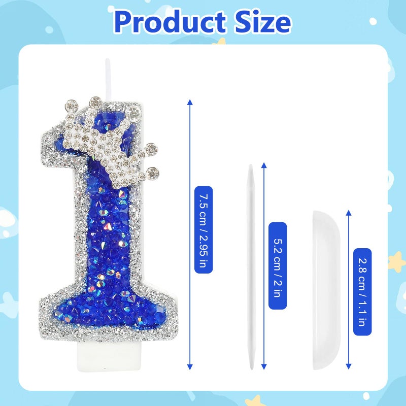 AKURIEEY Blue Birthday Candle Crown Number 1 Candle with Sequins 1st Cake Candles Cupcake Decorations Party Decor for Anniversary Celebrations Supplies - Image 3
