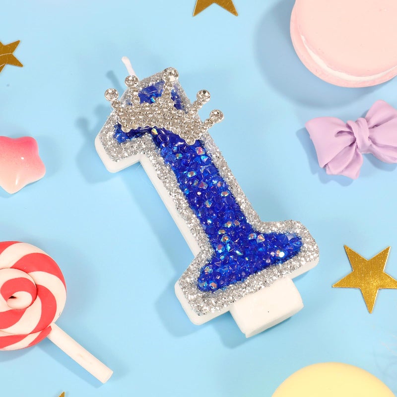 AKURIEEY Blue Birthday Candle Crown Number 1 Candle with Sequins 1st Cake Candles Cupcake Decorations Party Decor for Anniversary Celebrations Supplies - Image 2
