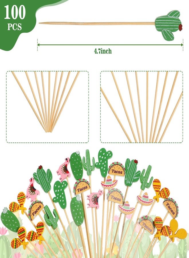 Qunclay 100 Pieces Fiesta Cupcake Toppers Mexican Fiesta Assorted Tropical Cocktail Toothpick Llama Cactus Mexican Hat Handmade Bamboo Toothpick for Cinco De Mayo Carnival Festival Holiday Supplies - Image 2