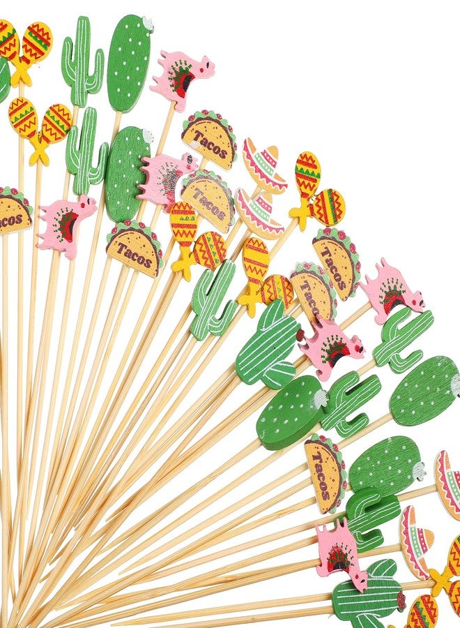 Qunclay 100 Pieces Fiesta Cupcake Toppers Mexican Fiesta Assorted Tropical Cocktail Toothpick Llama Cactus Mexican Hat Handmade Bamboo Toothpick for Cinco De Mayo Carnival Festival Holiday Supplies - Image 1