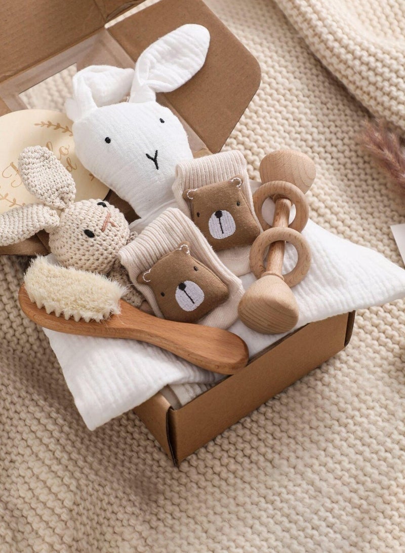 سلة هدايا للأطفال حديثي الولادة، طقم هدايا للمولود مع بطانية ولعبة خشخيشة وفرشاة استحمام، هدايا مثالية للمواليد الجدد وحفلات استقبال المواليد للأمهات الحوامل - Image 1