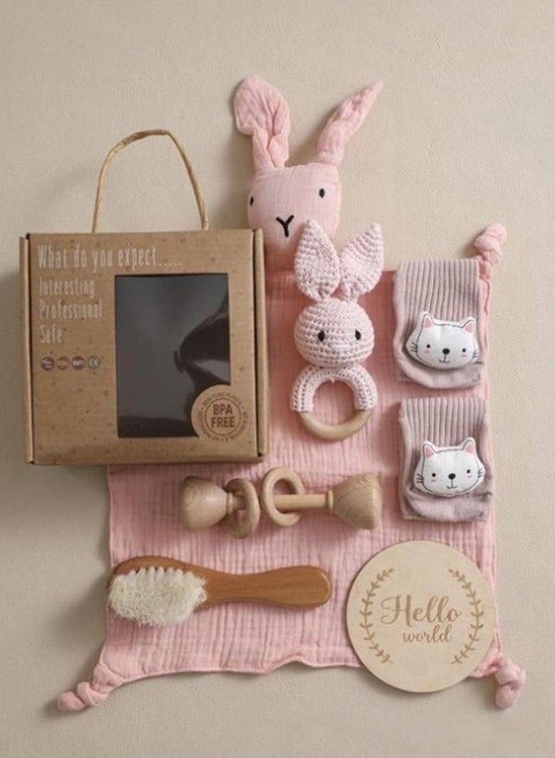 سلة هدايا للأطفال حديثي الولادة، طقم هدايا للمولود مع بطانية ولعبة خشخيشة وفرشاة استحمام، هدايا مثالية للمواليد الجدد وحفلات استقبال المواليد للأمهات الحوامل - Image 5