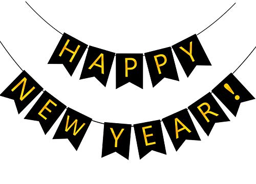 FECEDY Happy New Year Banner Black Bunting with Gold Alphabet for New Year Party Supplier Eve Party Decorations - Image 1