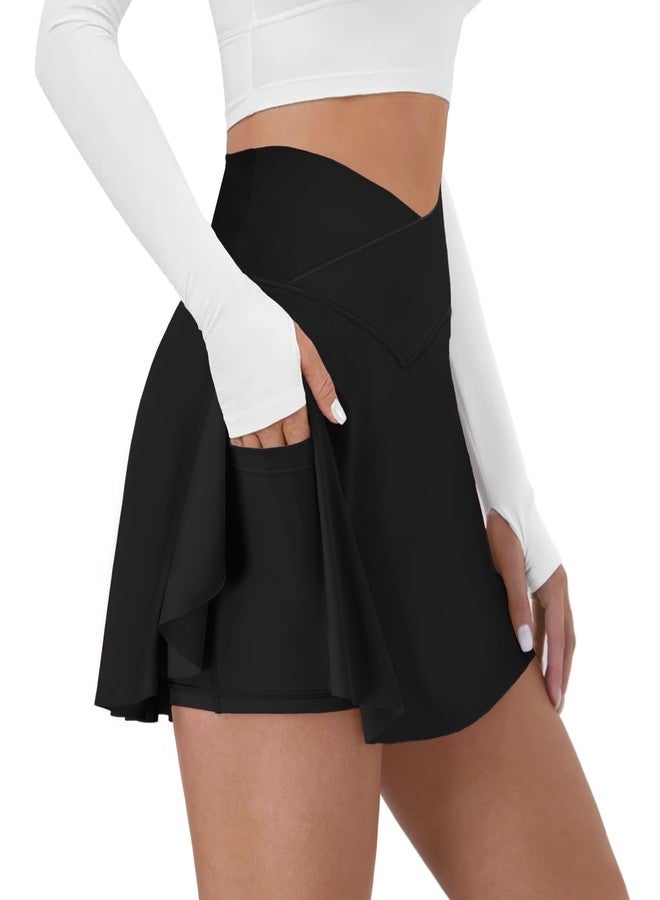 DLOODA Tennis Skirt for Women with Pockets Shorts Crossover High Waisted Athletic Golf Skorts Running Workout Skirts 2 in 1 Black - Image 1