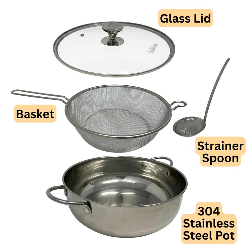 Saltlas 4.4Qt/4.2L Deep Fryer Pot with Basket and Strainer Spoon, 304 Stainless Steel Fish Frying Pot for Seafood, Chicken, French Fries, Japanese Tempura - Image 2