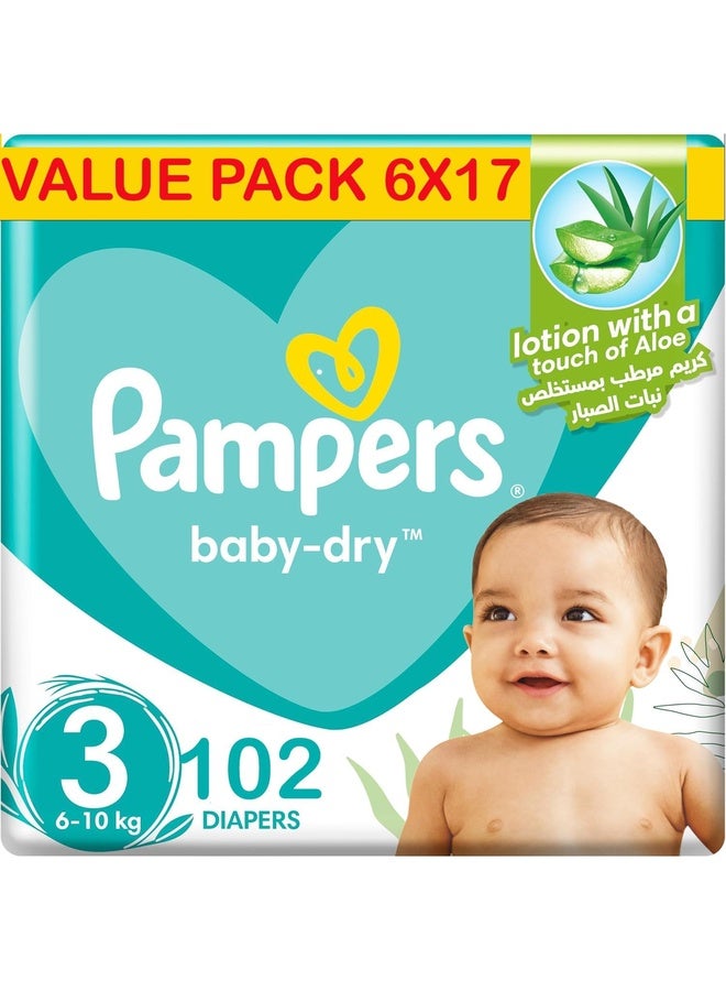 Pampers Baby-Dry Taped Diapers with Aloe Vera Lotion, up to 100% Leakage Protection, Size 3, 6-10kg, 102 Count - Image 1