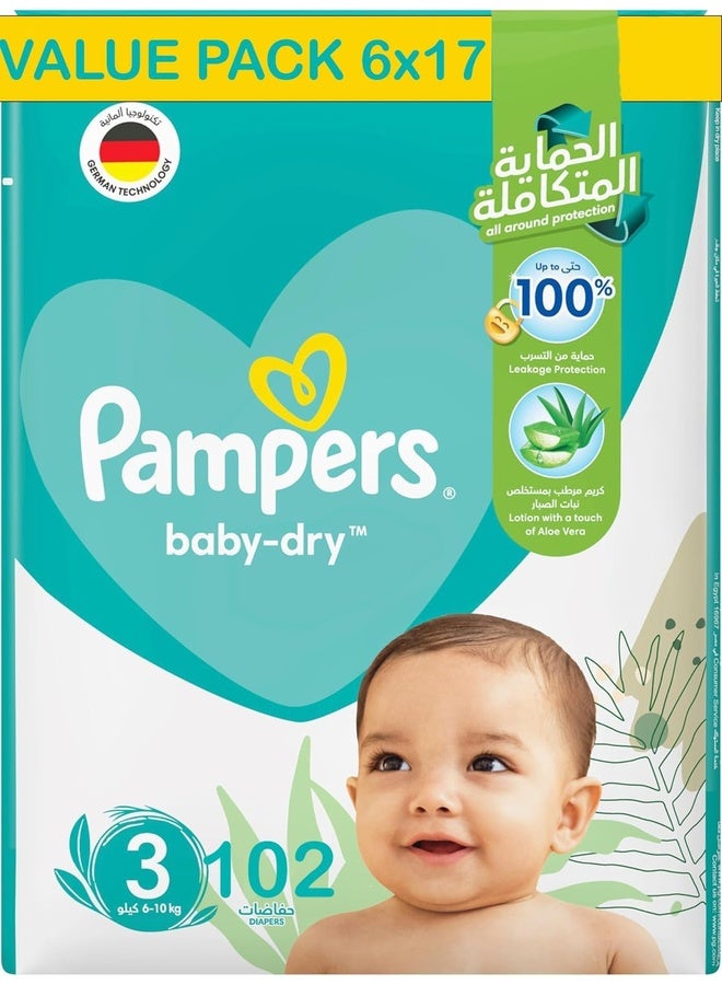 Pampers Baby-Dry Taped Diapers with Aloe Vera Lotion, up to 100% Leakage Protection, Size 3, 6-10kg, 102 Count - Image 2