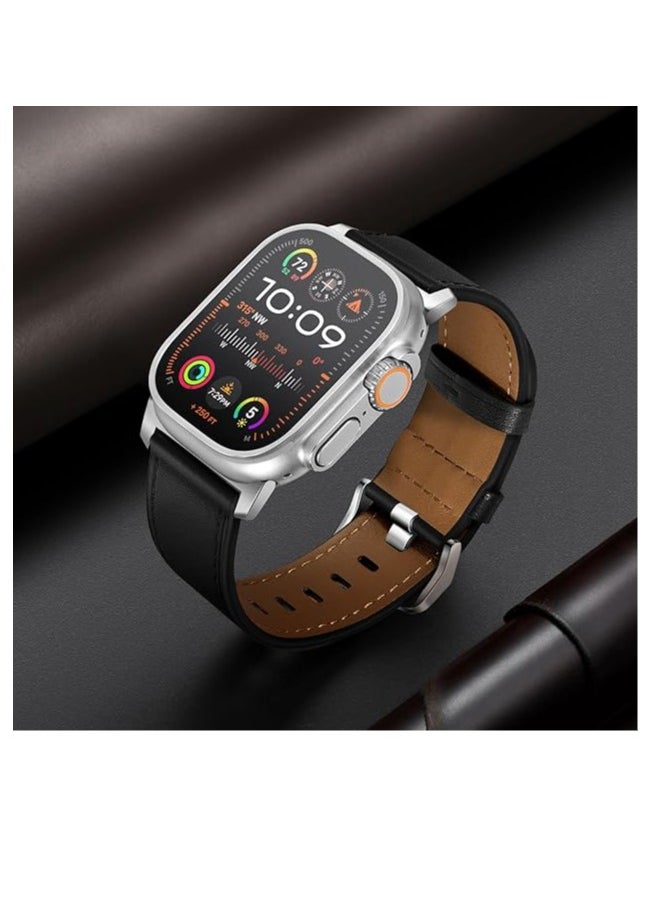 Generic - Leather Bands Compatible with Apple Watch Ultra/Ultra 2 Band 49mm 45mm 44mm 42mm Women Men, Leather Wristband Replacement Strap for Apple Watch Ultra Series 9 8 7 6 5 4 3 2 1 SE - Image 1