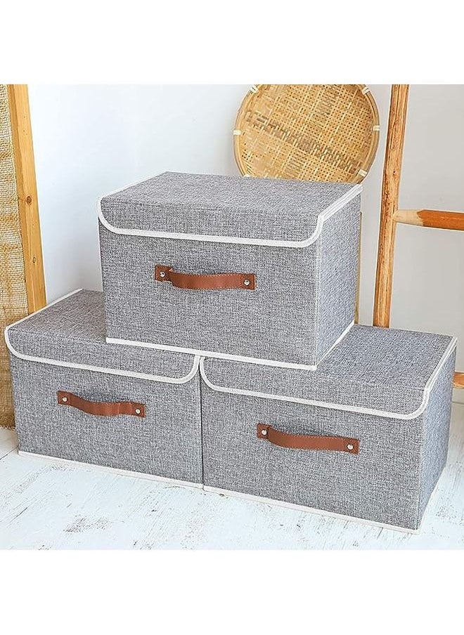 Arabest - Storage Bins with Lids 3 Pack, Collapsible Storage Box with Handle, for Organizing Toys, Clothes, Office, 38x25x25cm, Grey - Image 1