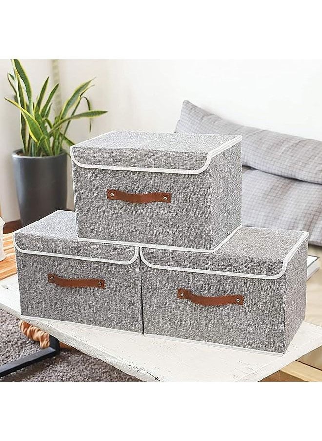 Arabest - Storage Bins with Lids 3 Pack, Collapsible Storage Box with Handle, for Organizing Toys, Clothes, Office, 38x25x25cm, Grey - Image 1