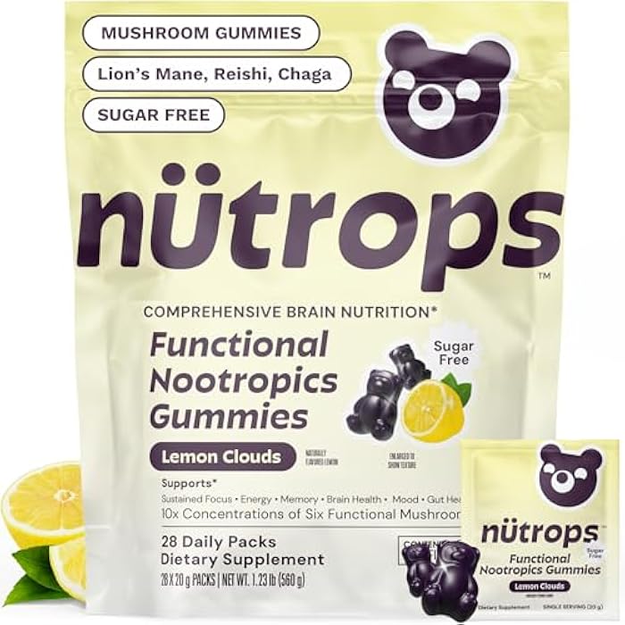 Grüns Nutrops Sugar-Free Lions Mane Mushroom Gummies for Adults, Functional Nootropics, Herbal Brain Supplement for Energy, Brain Health, Cognitive, Memory & Focus, Reishi, Chaga, Cordyceps - 28 Day Supply - Image 1