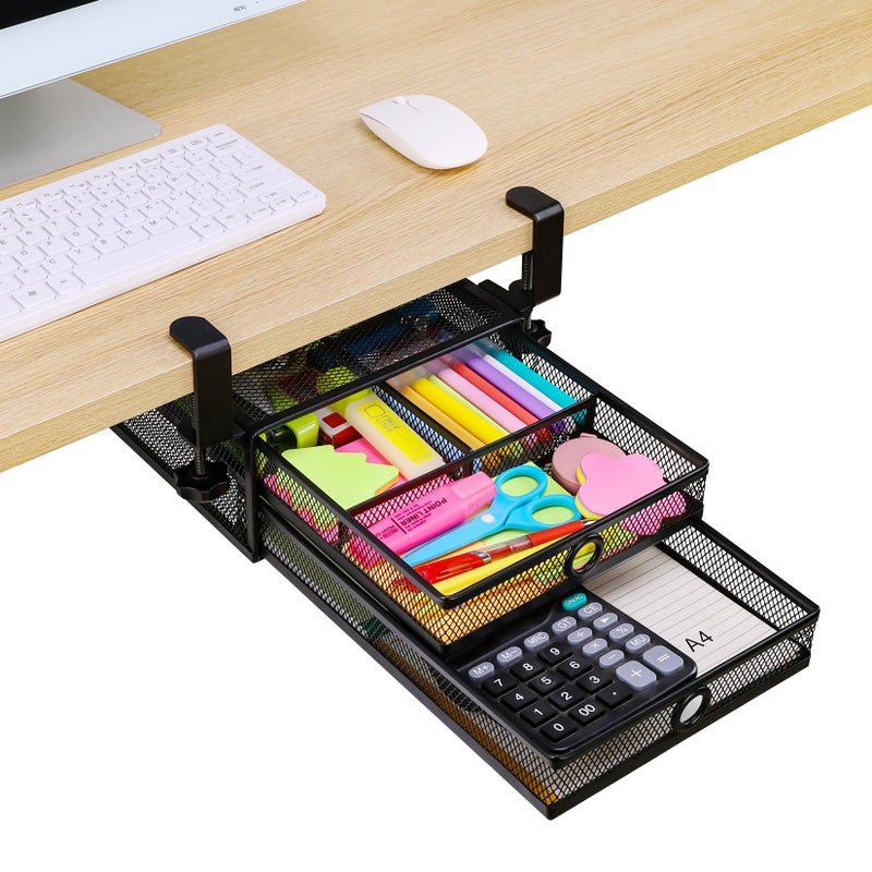 ROSYLINE Under Desk & Desktop Drawer Organizer - 2-Tier Metal Slide Out Drawers Organizer, Storage for Home Office Desk (Black) - Image 1