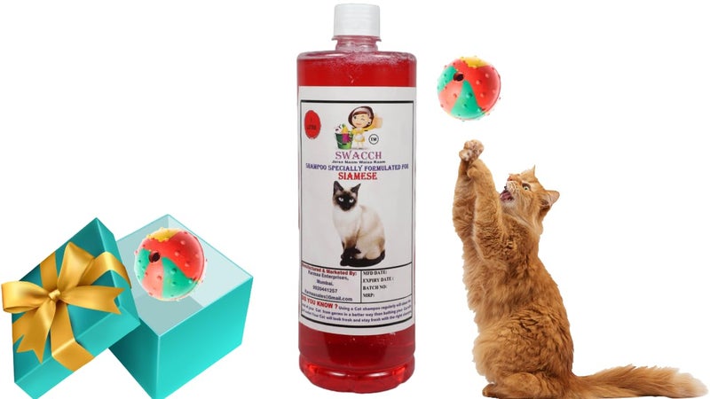 swacch Siamese Cat Shampoo + Rubber Musical Ball I Chew Playing Rubber Ball I Interactive Cat Toy Balls I Training & Play I Combo Pack I 1 Litre Strawberry - Image 1